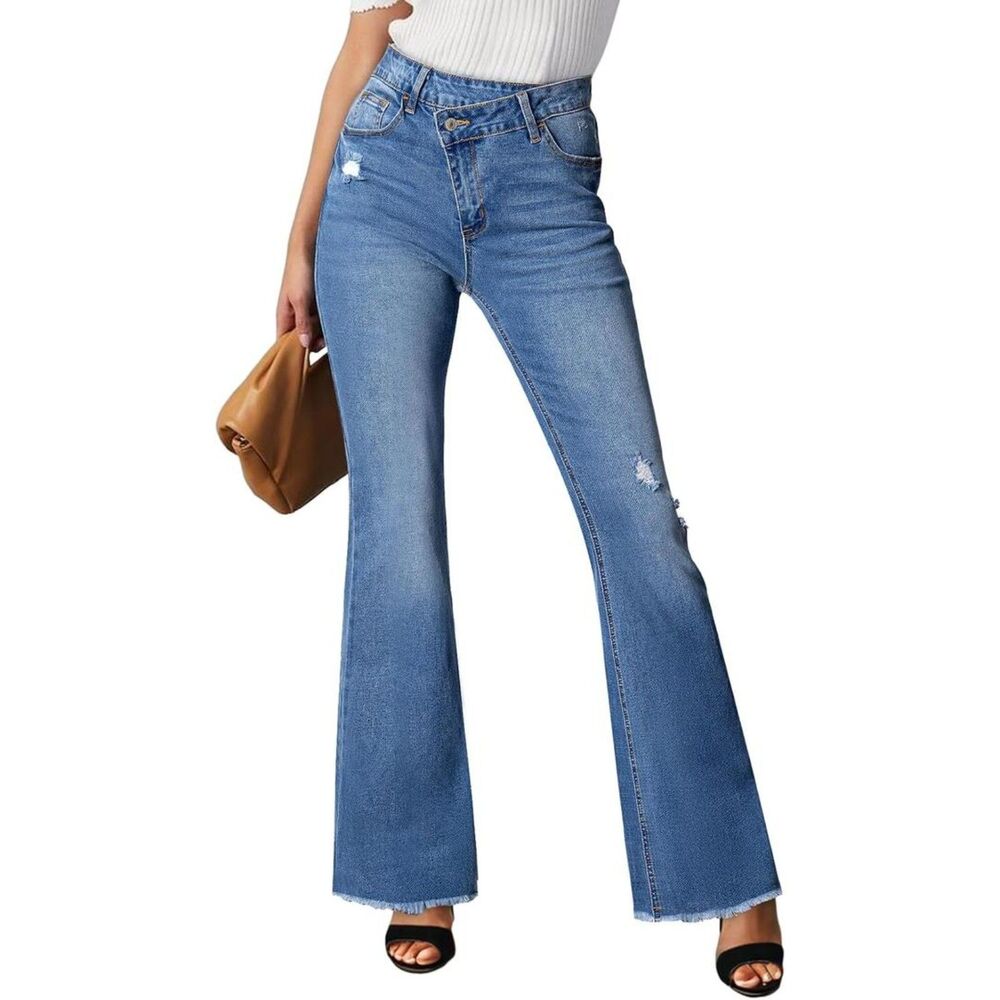 Brand New Sidefeel Blue High-Waisted Ripped Flare Jeans